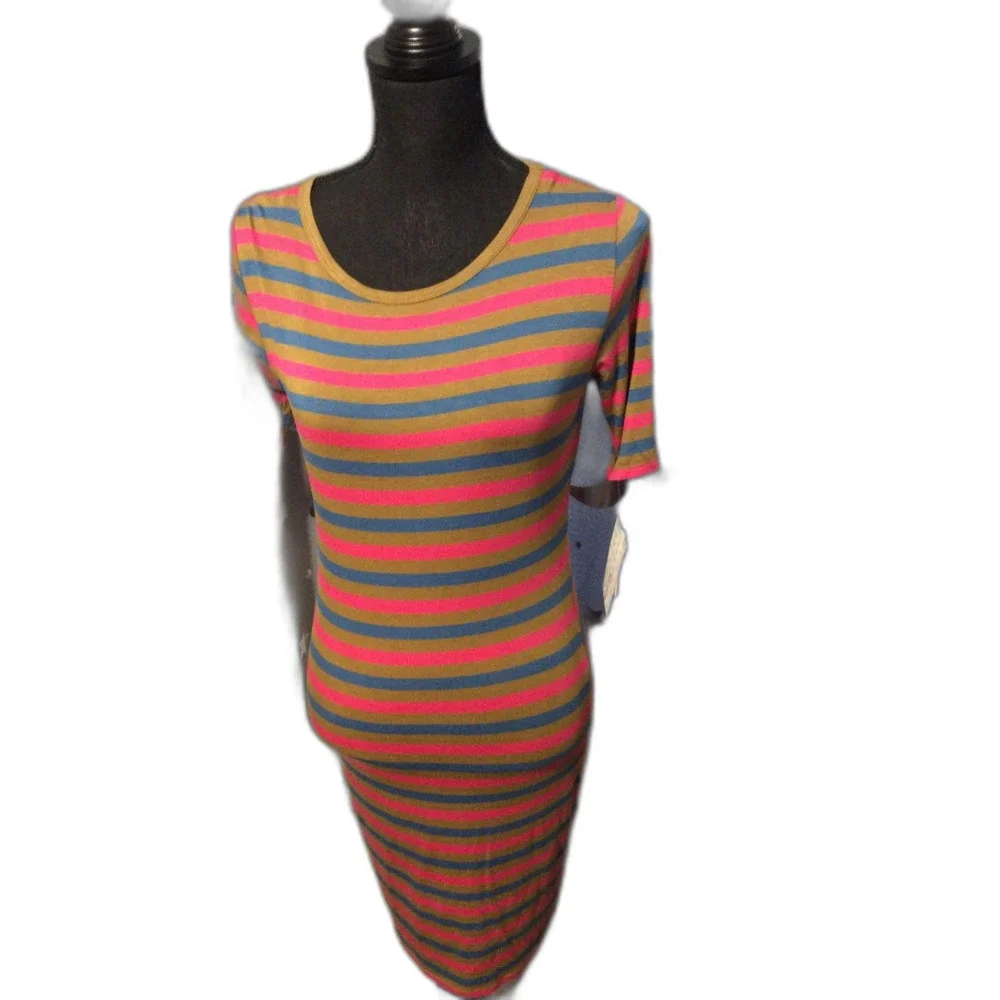 NWT LuLaRoe Julia Striped Dress Small Green Hot Pink Blue